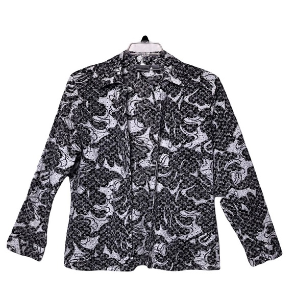Chico’s | Black White Floral Eyelet Lace Cotton Open Jacket, Size 2 (Large) - Picture 1 of 5